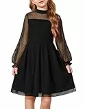 Arshiner Kleid Mädchen Schwarz Mesh-Puff Langarm Kleider A-Linie Festkleid Kinder Freizeitkleid Einfarbig Ballkleid Rundhals Partykleid Halloween Kleidung 11-12 Jahre