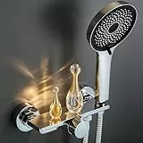 Auralum Badewannenarmatur mit Duschbrause, Duscharmatur Komplettset mit Ablage, Wasserfall-Auslauf, Edelstahl-Schlauch und Wandhalterung, Messing-Mischbatterie mit Handbrause fürs Bad, Chrom