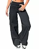Nuofengkudu Cargohose Damen Weite Hosen Stretch High Waist Cargo Taschen Palazzo Hose Bootcut Schlaghose Damenhosen mit Gummizug Y2K Teenager Mädchen Frauen Arbeitshosen Stoffhose Outdoor Schwarz M
