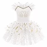 IWEMEK Mädchen Ballettkleid Ärmellos Pailletten Schwan Rückenfrei Balletttrikot Ballettanzug Kinder Tanzkleid Federn Rüschen Tütü Rock Gymnastik Ballerina Tanzbekleidung Weiß + Feder 5-6 Jahre