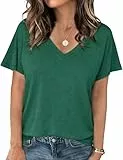 Crewhpo T-Shirt Damen mit V-Ausschnitt T Shirt Sommer Baumwolle Basic Top Einfarbige Casual Oberteile Kurzarm Stretch Bluse Lockeres Elegant Grün