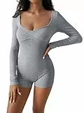 Canli4Y Jumpsuit Damen Bodysuit Langarm Bodysuit Quadratischer Overall Stretch Eng Romper Ganzkörperanzug mit Kurze Hose für Yoga Sport Casual Grau XL