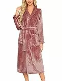 ENJOYNIGHT Bademantel Damen Flauschig Morgenmantel Kuschel Fleece Hausmantel Lang Warm Robe (Small,Graubraun)