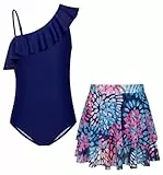 GRACE KARIN Mädchen Badeanzug mit Rock Kinder One Piece Swimsuit Einteiler Schwimmanzug Marineblau 8-10 Jahre