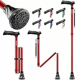 HONEYBULL Faltbarer Gehstock für Senioren & Erwachsene – 8 Höheneinstellungen 76,2–94 cm, leicht, zusammenklappbar, mit Luftkissenspitze, ergonomischem Komfortgriff und Handschlaufe, Rot