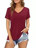 Florboom Oberteile Damen Kurzarm V Ausschnitt Tshirt Sommer Casual Bluse Longshirt Weinrot S