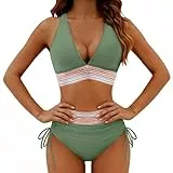 Bikini Damen Set 2026 Neu V Ausschnitt Sexy Badeanzug Bademode Hohe Taille Farbblock Zweiteiliger Kordelzug Badeanzüge Bikinis Swimsuit (DE/NL/SE/PL, Alphanumerisch, L, Regular, Regular, Grün)