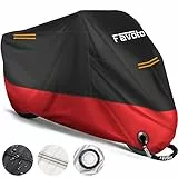 Favoto Verbesserte Version Wasserdicht Motorradabdeckung Motorrad Abdeckplane Outdoor Motorradgarage Motorroller Abdeckung Winddicht mit 2 Gürtelschnalle Schwarz Rot 220cmx105cmx125cm