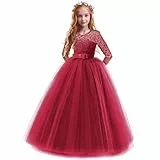 IBTOM CASTLE Kleid für kleine große Mädchen, Vintage-Stil, Blumenmuster, Spitze, bodenlang, Party, Herbst, Abend, formelle Brautjungfer, Abschlussball, Tanzkleid, bordeaux, 5-6 Jahre