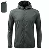 BSBUY Regenjacke Faltbar Wasserdichte, Sonnenschutzmantel Sportjacke mit Reißverschluss, Schnelltrocknend Leichte Kleidung mit Kapuze für Jahreszeiten Wandern Laufen Outdoor Angeln Camping, Grau, L