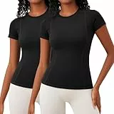 IECCP Sport T-Shirt Damen Kurzarmshirt Frauen Workout Tops Athletisch Lässig Laufen Yoga Fitness T-Shirts Eng Schwarz S 2 Pack