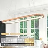 WayLuoung Wood LED Kronleuchter Deckenleuchte, Dimmbare Ovale Ring Holzbeleuchtung, 3000-6000K, Einstellbare Kreis Anhängerlampe, Kücheninsel Esszimmer Wohnzimmer Foyer Hängen【90cm】
