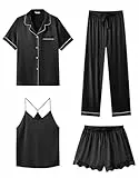 SAPJON Satin Seide Pyjama für Frauen 4-teiliges Rüschen Kerbe Kragen Nachtwäsche Button Down Kurzarm Shorts Pjs Set Loungewear