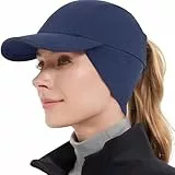 GADIEMKENSD Winter Fleece Hats Reflective Ponytail Hat for Women Baseball Caps with Earflap Drop Down Ear Warmer Mens Skull Cap Beanie with Visor Cold Hat for Outdoor Hiking Running Snow Ski Navy