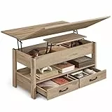 VASAGLE Couchtisch, höhenverstellbarer Wohnzimmertisch, Gaszylinder, 2 Schubladen und 3 versteckte Fächer, Kaffeetisch, 1 offenes Fach, für Wohnzimmer, Homeoffice, Kamelbraun LCT254L01