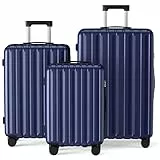 SHOWKOO Kofferset 3 Hartschale Erweiterbar Leicht 100% Polycarbonat Haltbar Reisekoffer Trolley Handgepäck Sets mit TSA Schloss und 4 Rollen- Dunkel Blau