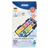 Stylex 28178 - Deckfarbkasten mit 12 Wassermalfarben und einer Tube Deckweiß, Wasserfarbkasten mit abnehmbarem Deckel und 6 Mischfeldern