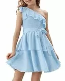 Danna Belle Mädchenkleid, Tween, eine Schulter, Rüschen, gestufte Schichten, Sommer, Partykleid, Kleidung, Geschenke, Größe 5–14, Hell, blau, 10-12 Jahre