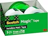 Scotch Magic Unsichtbares Klebeband, 3 Rollen, 19 mm x 25 m + 1 Handabroller GRATIS Grün - Unsichtbares Klebeband für allgemeine Zwecke zur Reparatur, Etikettierung und Versiegelung von Dokumenten