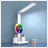 Kinder schreibtischlampe akku kabellos mit Uhr, LED Dimmbare 3200mAh Batterie schreibtischleuchte Stifthalter/LCD Display/Kalender/Temperatur, 3 Lichtfarben Bürolampe für Mädchen Jungen, Weiss 3200mAh