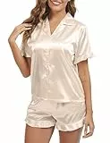 HANERDUN Schlafanzug Damen Pyjama Set Satin Kurzarm Nachtwäsche mit Knopfleiste Zweiteiliger Hausanzug Sleepwear Pjs Sets