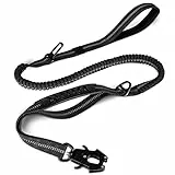 Joytale Taktische Hundeleine, 1.2m-1.8m Bungee Hundeleine Reflektierend mit 2 Gepolsterten Griffen, Autosicherheitsgurt, Leine Hund ohne Zugkraft für Mittelgroße, Große, X-Große Hunde, Schwarz