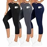 TNNZEET 3er Pack Leggings Damen 3/4 mit Taschen Capri für Sport, High Waist 7/8 Caprihose Sporthose für Gym(Schwarz/Dunkelgrau/Marineblau,S-M)