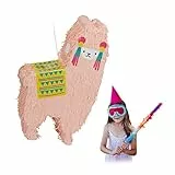 Relaxdays Lama Pinata, zum Aufhängen, Kinder, Jungen & Mädchen, Geburtstag, zum Befüllen, Pinata Alpaka, lachsfarben, Rosa, Gelb, Türkis