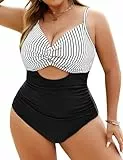 Vancavoo Badeanzug Damen Bauchweg Große Größen Push Up Bademode Einteiliger Badeanzüge mit Bügel Sexy V Ausschnitt One Piece Swimsuits Swimwear,Schwarz+Weiß,L