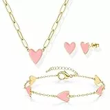 Kakonia Damen Schmuck Set mit Herz Anhänger - Gold Kette, Einstellbare Armband und Ohrringe für Valentinstag
