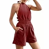 TSWRK Jumpsuit Damen Elegant festlich: Jumpsuit Damen Sommer Overall Damen festlich Ärmellos Romper Ärmellos Playsuit Hosenanzug Damen mit Gürtel Tasche Weinrot S