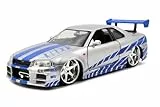 Jada Toys 97158 Fast & Furious Brian's 2002 Nissan Skyline GTR-R R34, Auto, Tuning-Modell im Maßstab 1:24, mit Spoiler, zu öffnende Türen, Motorhaube und Kofferraum, Freilauf, silber
