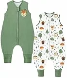 Chilsuessy 2er Pack Baby Sommerschlafsack mit Füßen 0.5 Tog Kleine Kinder Schlafsack mit Beinen 100% Baumwolle Schlafstrampler für Jungen Mädchen, Grün + Waldtiere, 70cm/Baby Höhe 80-90cm