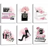 CHDITB 6 Stück Rosa Fashion Poster,Mode Frau Leinwand Wandkunst,High Heels Blumen Parfüm Wandbilder,Mädchen Zimmer Deko Geschenk,Moderne Wanddeko Für Ankleidezimmer Schlafzimmer Badezimmer,8x10Zoll