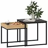HOMCOM Couchtisch 2er Set Satztisch Quadratischer Beistelltisch mit Abnehmbarem Tablett, Stahlgestell Wohnzimmertisch Kaffeetisch Sofatisch für Wohnzimmer Schlafzimmer, Schwarz+Eiche