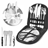 Camping Geschirr Set 4 Personen,21 Stück Camping Besteck Edelstahl Inklusive Bestecktasche Edelstahl-Gabeln, Messer und Löffel,Wiederverwendbar für Camping,Picknick,Reisen,Outdoor