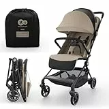 Kinderkraft NEBO Kabinenbuggy ultraleicht, Einhand-Faltmechanismus, Handgepäckmaß 51×43×21 cm, steht selbstständig, Schultergurt+Transporttasche, flache Liegeposition, 5-Punkt-Gurt, Beige