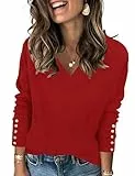 IECCP Damen Pullover Herbst Winter Langarm V-Ausschnitt Leicht Dekorative Knöpfe Casual Tops Sweatshirt(Rot,XXL)