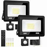 30W LED Strahler mit Bewegungsmelder Außen, 2 Stück 6500K Außenlampe mit Fernbedienung, Kaltweiß Superhell Innen Lampe, IP66 Wasserdicht Bewegungsmelder Licht für Garten, Wohnen, Innenhöfe