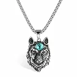 Flongo Herren Kette mit Wolf Wolfskopf Anhänger Halskette Kette aus Edelstahl Silber Wolf Kopf Punk Rock Motorradfahrer Biker Männer Accessoires Blau Türkis Perlen