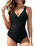 Vancavoo Badeanzug Damen Bauchweg Push Up Badeanzüge Einteilige Retro Schlankheits Raffung Strandmode Bademode Swimsuit Bikini Suits,Schwarz,L