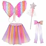 AUYAO Feenflügel Kostüm Kinder 4PC Schmetterlings Flügel Mädchen Prinzessinnenflügel Elfen Fee Anzieh Set mit Tutu Haarspange mit Schleife Zepter für Halloween Karneval Geburtstag Fasching (B-Rosa)