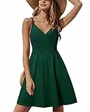 STYLEWORD Sommerkleid Damen Knielang V-Ausschnitt A Linie Grün Kleider Sommer Strandkleid Freizeitkleid mit Taschen
