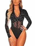 MAYFASEY Damen Sexy Strass Body V Ausschnitt Langarm Jumpsuit Trikot Top, Schwarz, XXL
