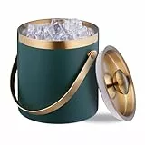 Relaxdays Eiswürfelbehälter, Edelstahl, doppelwandig, Eiseimer mit Deckel & Henkel, 1,5 l, Eiswürfelkübel, grün/Gold