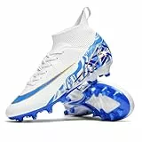 Xuanke Fußballschuhe Herren High Top Spike Cleats Outdoor Athletics Fußballschuhe Kinder Professionelle Trainingsschuhe Atmungsaktive Sport Fußball Stiefel Wettkampf AG/TF (Weiß Blau 5,38)