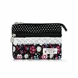 AfitLulu Kleines Portemonnaie Damen Canvas Geldbeutel Damen Klein, 2 Lagen Reißverschlusstaschen Mini Geldbörse Bohème-Stil Mini Portemonnaie für Münzen, Bargeld und Karten (Blume-Schwarz)