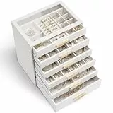 Vlando Schmuckkästchen Groß, Schmuckkasten mit 6 Ebenen, Schmuck Organizer mit Glasdeckel, 6 Schubladen,für Halsketten, Ohrringe, Uhren, Armbänder, Schmuckaufbewahrung, Modern, Cinderella Plus, Weiß