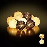 Relaxdays LED Lichterkette mit 10 Baumwollkugeln, batteriebetrieben, Stimmungslichter, Kugeln 6 cm Ø, weiß-grau-schwarz