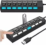 Retoo Hub USB 2.0 7 Port Adapter mit Power Schalter und LED Datenhub Aktiv mit EIN/Aus-Schalter fur PC Laptop Powerbank USB Mehrfach Ports Verteiler mit Langes Kabel Multiport